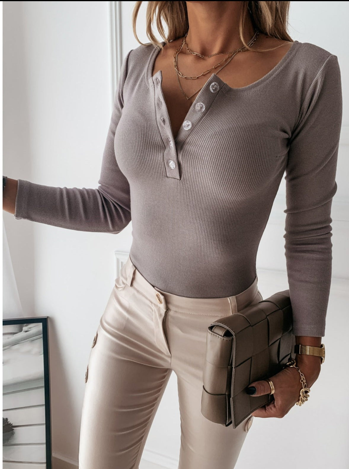 Matilda | Ribbed Long Sleeve Button Blouse for Women